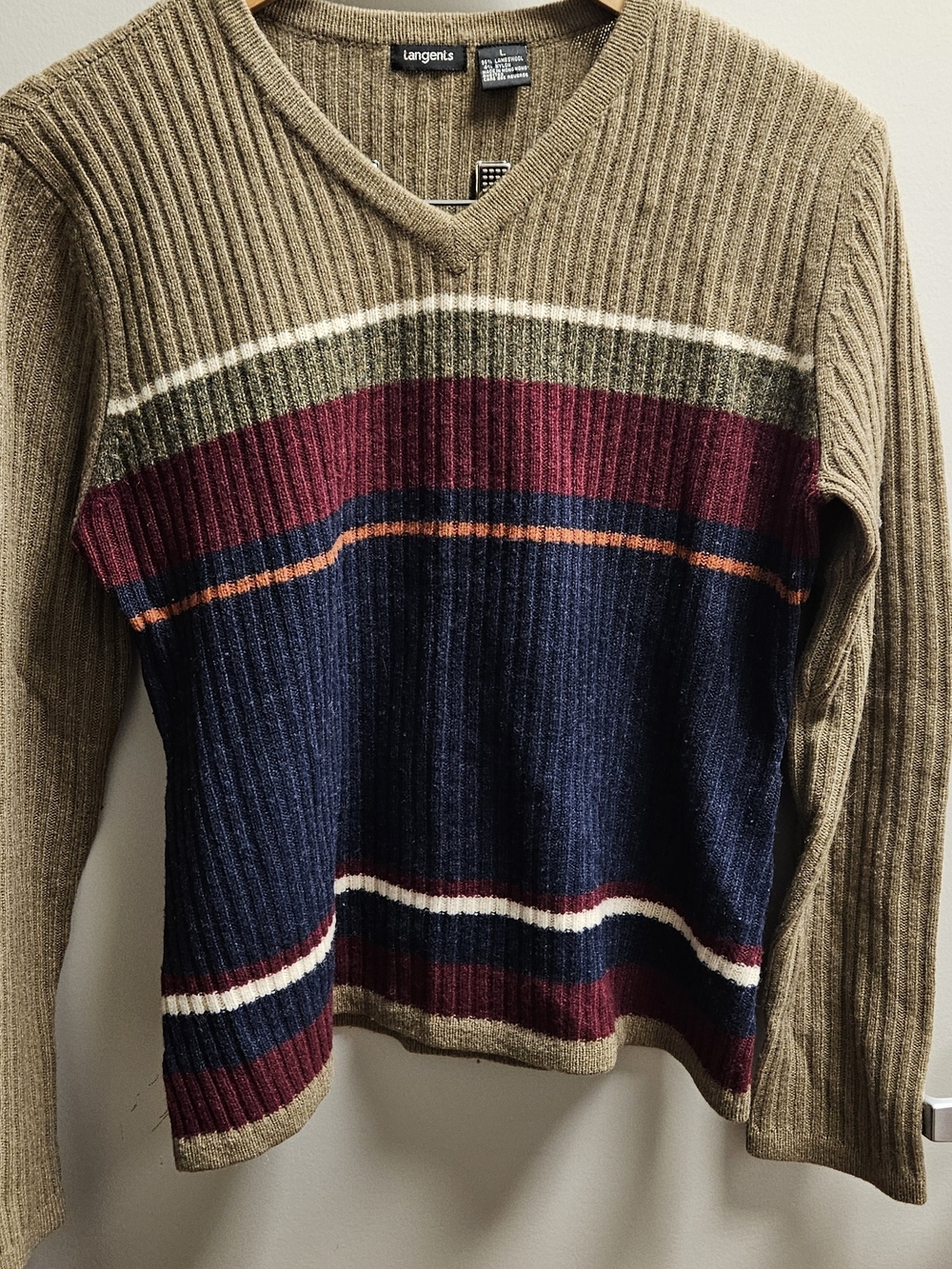 Langents Women's V-Neck Ribbed Sweater in Olive with Navy & Burgundy Stripes